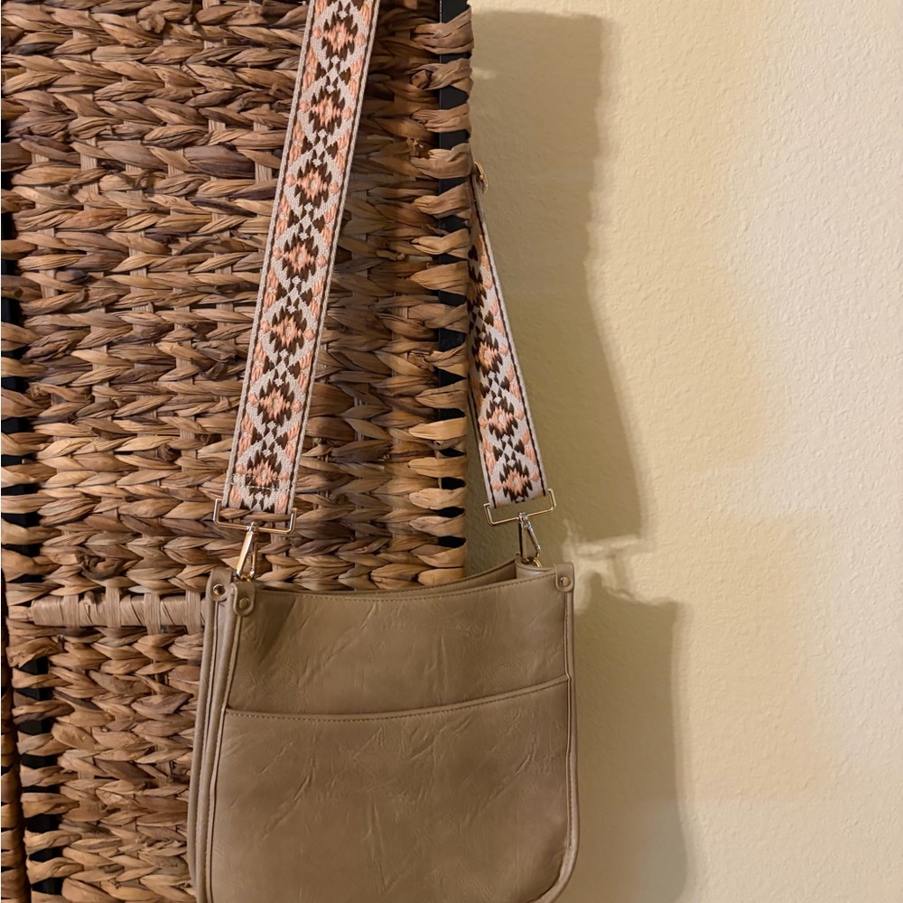 Stylish Tan Shoulder Bag with Patterned Strap